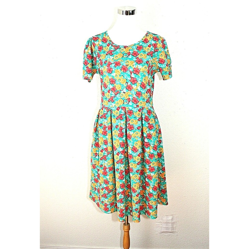 LULAROE Knit Dress Sz. XL AMELIA SS Pleated Skirt Multicolor Floral Casual  #04